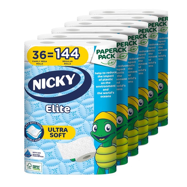 Nicky® Elite Bath Tissue 36 Ultra Soft Mega Rolls= 144 regular rolls, Plastic Free Packaging, Paper Wrap