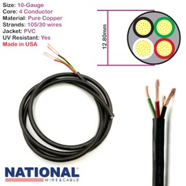 NATIONAL Wire & Cable – 10 AWG 4-Conductor Premium Copper Wire, 25 ft, Stranded | Made in USA, Heavy-Duty Flexible Jacket | Automotive, Solar, Battery, Indoor and Outdoor Use