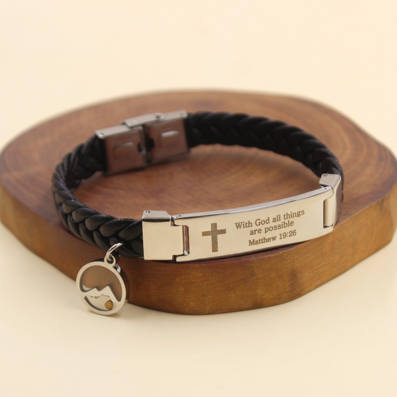 Oneress Men's PU Leather Faith Bracelet, Religious Scripture Bracelets With