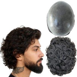 Toupee for Men Human Hairpieces Mens Toupee Hair Units 10mm Wave Wigs Toupee Real Human Replacement System for Man 0.04mm PU Skin Natural Human Hair 10" x 8" (#1B Off Black)