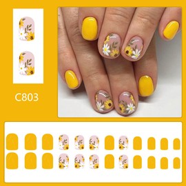 Flower Press on Nails Short Square Nude Fake Nails with Sunflowers Design Summer Yellow Glossy False Nails Full Cover Gel Acrylic Glue on Nails for Women 24Pcs