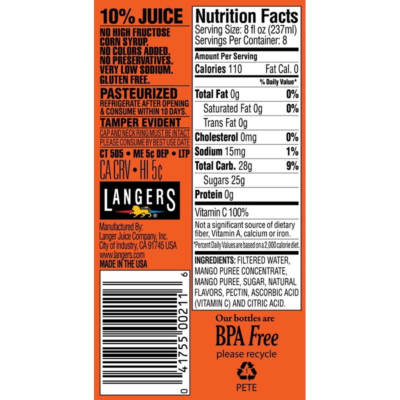 Langers Juice Cocktail, Mongo Mango, 64 Fl Oz (Pack of