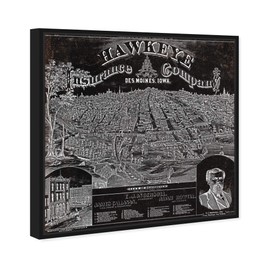 Hatcher and Ethan Flags Wall Art Framed Canvas Prints 'Desmoines Insurance 1875' Urban Maps Home Décor, 24" x 24", Black, Gray