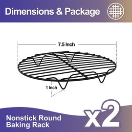 P&P CHEF 7.5 Inch Round Cooling Racks - 2PCS, Nonstick Coated Stainless Steel Wire Rack Set for Baking Cooling Cooking Drying, Fits Various Ovens & Cookers, Durable & Easy Clean, Black, Small