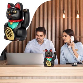 Maneki Neko, Operated Waving Lucky Cat Fortune Figurine Feng Shui Wealth Home Desk Office Decor Japanese with Moving Arm Golden Beckoning for Decoration Neko Welcoming Prosperity（Black）