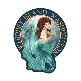 Die Cut Sticker Whidbey Island, Washington, Mermaid, Contour Vinyl Sticker 1 to 3 inches (Waterproof Decal for Cars, Water Bottles, Laptops, Coolers), Small