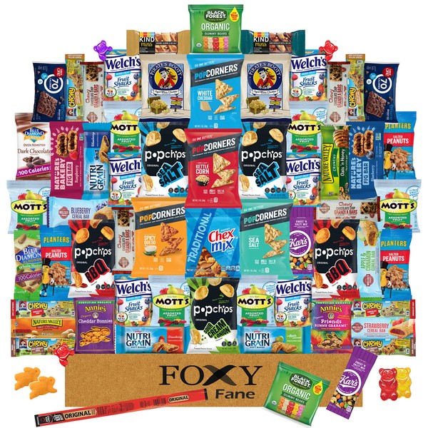 Foxy Fane 60 count Premium Healthy Snack Gift Box - Ultimate Care Package with Variety Assortment of Chips, Nuts, Bars, Crackers, Popcorn, Cookies & more - Bulk Bundle of Delicious Treats (60 Snacks)