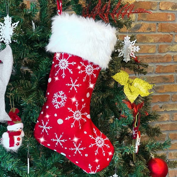 Mauts 23" red Christmas decorations stocking, classic snowflake pattern with