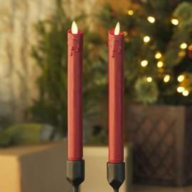 Luminara Burgundy Set of 2 Wax Drip Flameless Candle Tapers (1 x 9.5 inch), Moving Flame LED Candle Unscented Real Wax with Dripped Top Timer Function, Table, Mantel, Holiday Decoration