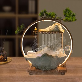 Indoor Water Fountain Desktop, LED Lighted Relaxation Tabletop Fountain Waterfall with Mist and Fake Plants, Rockery Feng Shui Decor for Meditation Good Luck Wealth
