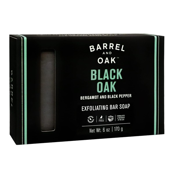 Barrel and Oak - Exfoliating Bar Soap, Men's Soap Bar, Natural Exfoliator, Deep Cleans Pores & Removes Dead Skin, Certified Sustainable Palm Oil, Charcoal Powder, & Olive Stone, Vegan(Black Oak, 6 oz)