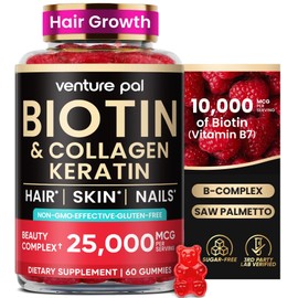 Venture Pal Biotin Gummies with Collagen & Keratin - Hair Growth Support Skin and Nail Strength Vitamins for Women & Men - Biotin 10000mcg | B-Complex | Saw Palmetto - Sugar Free, Non-GMO, 60ct