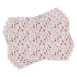 Ambesonne Makeup Place Mats Set of 4, Illustration of Girly Nail Polish Glamour Lotion Women Accessories Clippers, Washable Fabric Placemats for Dining Table, Standard Size, Magenta Pale Pink