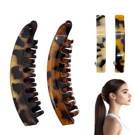 French Design Tortoise Shell Hair Clips for Women, 2PCs Banana Half-Moon Ponytail Hair Clips & 2PCs Non-slip Snap-On Hair Pins Barrette Hair Accessories for Women & Girls