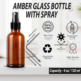MEM WORLDSHOP (2 Pack) - 4 oz Amber Glass Spray Bottles for Essential Oils, Small Refillable Reusable Empty Spray Bottle, Fine Mist Spray