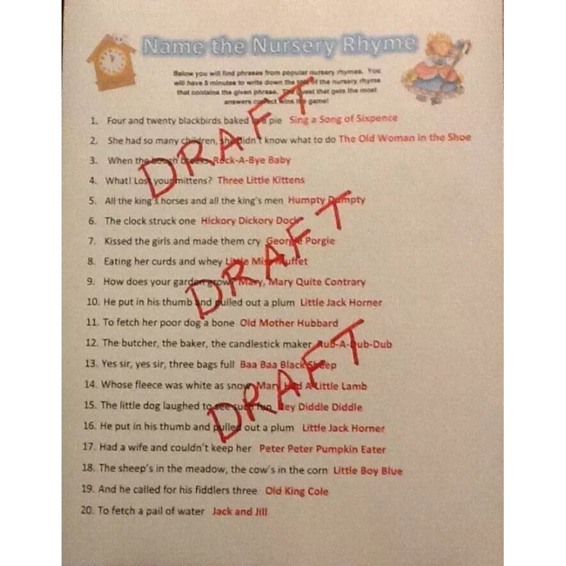 Unbranded 20 Sheets Nursery Rhyme Baby Shower Game + Answers