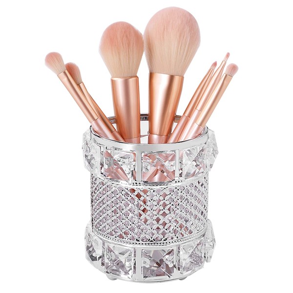 Crystal Makeup Brush Holder Organizer, Handcrafted Eyebrow Cosmetic Comb Pencil Pen Cup Collection Storage Stand Container Bucket for Vanity, Dresser, Bedroom, Office Desk (Silver)