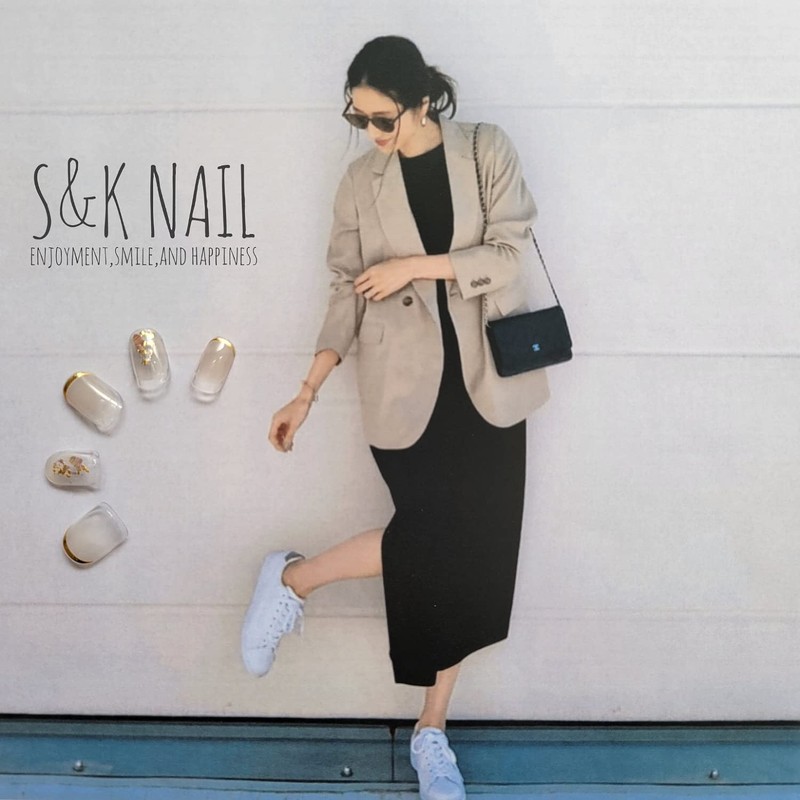 S&K NAIL Gel Nail Stickers, Gold French & Bijou, Short,