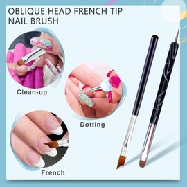 French Tip Nail Brushes Set, Oblique Head French Nail Brush with 2 Way French Gel Acrylic Nail Art Kolinsky Brush with Dotting Tool for Professional Manicure Cuticle Clean Up Nail Art Design(HJ-NB126)