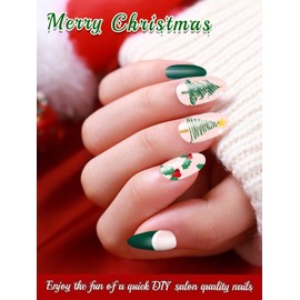 EBANKU Christmas Semi Cured Gel Nail Strips, 24PCS Christmas Gel Nail Stickers Long Lasting Gel Nail Strips- Easy to Apply & Remove for Salon Quality Manicure| French Green Pink
