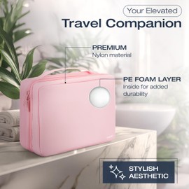 KAZAY Hanging Toiletry Bag, 2 in 1 Smart Design with Detachable Pouch, Travel Toiletry Bag, Water Resistant, Premium Nylon, Full-Size Bottles, Travel Size Toiletries, Cosmetic Bag, Makeup Bag (Pink)