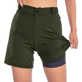 Womens Mountain Bike Shorts 2 in 1 Padded Cycling Women Biking Underwear with Padding Riding Bicycle Shorts Zipper Pocket Olive Green