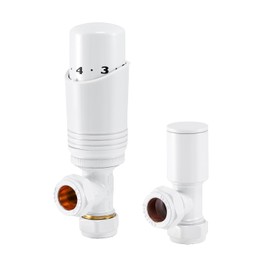 Sandy Beach Central Heating TRV Radiator Valves - Angled Radiator Valves, White Radiator Valves, Thermostatic Radiator Valve, Radiator Valve Angled with Lockshield Valve - 15mm (Angled White)
