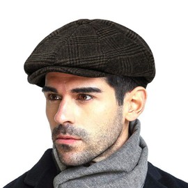 Men’s Vintage Newsboy Gatsby Hat Blend Wool Flat Ivy Cabbie Autumn Winter Cap Boyfriend Gift (M) Coffee Plaid