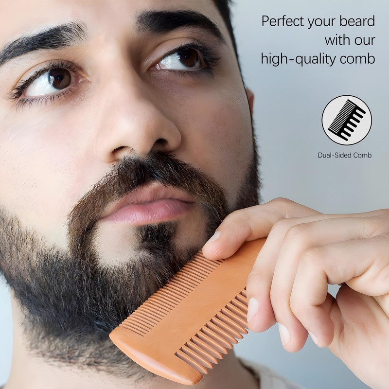 Kootinn Wooden Beard Comb Kit, Dual Action Fine & Coarse