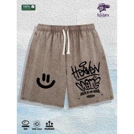US Local Warehouse Direct | 100% Cotton Washed Shorts, Trendy Graffiti Print, 4 Colors OptionalColor: Brown, Size: M