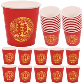 NOLITOY 100pcs Chinese Paper Cups Disposable, Red Double Happiness Wine Glass, Chinese Party Decors, Wedding Stuff Paper Banquet, Disposable Cutlery Cups for Ice Cream Sundae Tea Beverage
