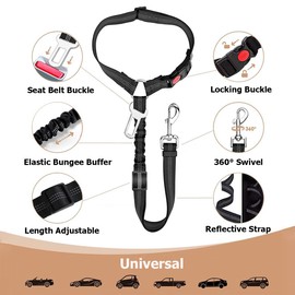 Dog Car Seat Belt 1 Pack, Adjustable Headrest Restraint with Elastic Bungee for Buffering, Durable Nylon Pet Safety Harness for Cars UK (Bungee Black with Safety Buckle 1 Pack)