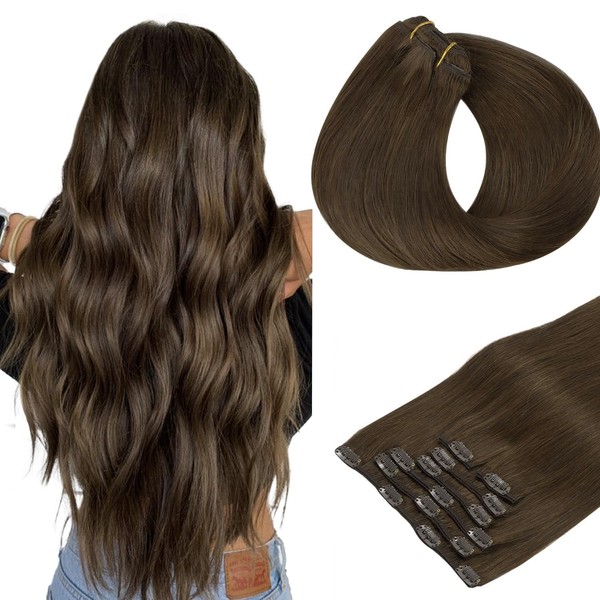 hotbanana Clip-In Hair Extensions, Chocolate Brown, 35 cm, 120 g, 7 Pieces Clip-In Hair Extensions, Real Hair, Straight, Remy Clip-in Hair Extensions