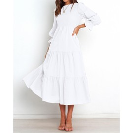 BTFBM Women Casual Long Sleeve Dress Fall Dresses 2025 Solid Color Relaxed Fit Smocked Tiered Flowy Boho Long Dresses(Solid White,Medium)