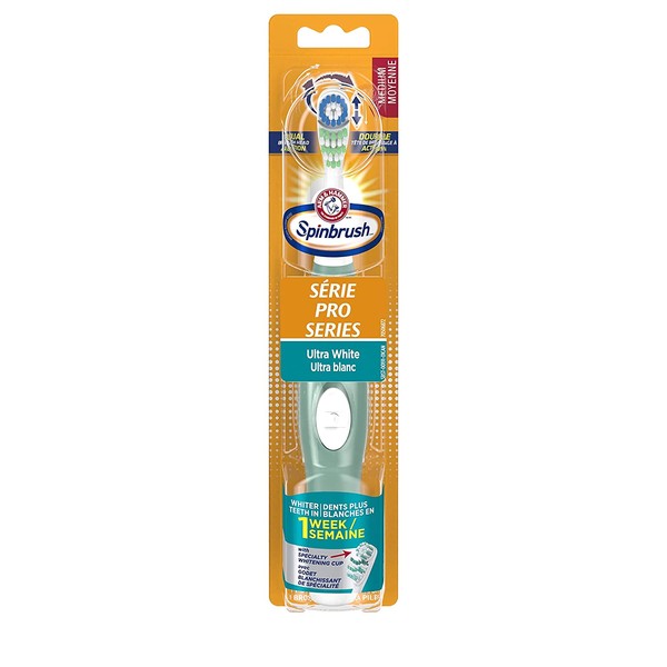 ARM & HAMMER Spinbrush PRO White Battery-Operated Toothbrush – Spinbrush Battery Powered Toothbrush Whitens Teeth in 1 Week- Medium Bristles- Batteries Included