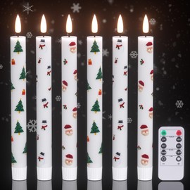 DRomance Christmas Flameless Taper Candles Battery Operated with Remote and Timer, Real Wax 3D Wick Flickering LED Taper Candles Santa Snowman Christmas Tree Decal Holiday Decor(6 Pack, 0.78" x 9.64")