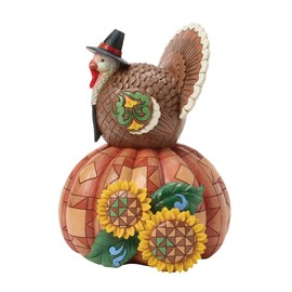 Enesco Jim Shore Heartwood Creek Thanksgiving Turkey Perched on Pumpkin with Sunflowers Figurine, 9.65 Inch, Multicolor