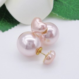 Hiqmic 925 Sterling Silver Post Double-sided Earrings Heart Round shaped Pearl Ear Stud for Women Fashion White Gold Plated Jewelry Gifts, WK90212-G Light Pink