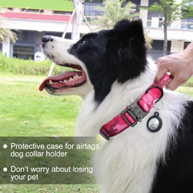 Hotsky Tactical Dog Collar, Adjustable Military Training Nylon Airtag Collar with Handle and Heavy Duty Metal Buckle for Medium Large Dogs, with Airtag Holder and Two Patches（Hotpink Camo,XL）