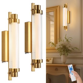 HITOO Batttery Wall Sconces Set of Two,12000 mAh Battery Operated Wall Light with Remote,Rechargeable LED Wall Lamp Crystal for Bathroom, Living Room, Hallway, Mirror, Gold