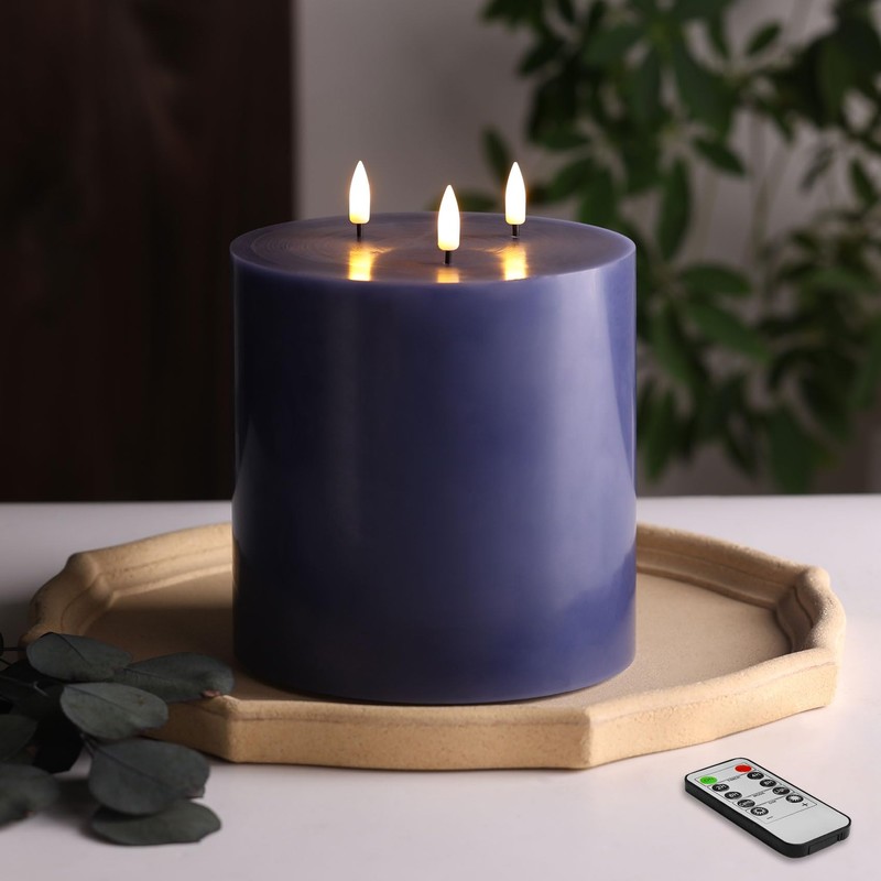 Eywamage Navy Blue 3 Wick Flameless Pillar Candle Φ 6"