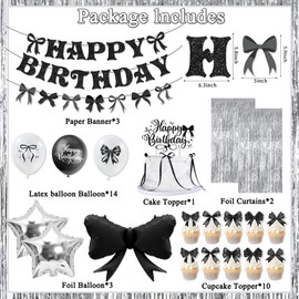 Holkcog Black Birthday Party Decoration for Girls, Bow Happy Birthday Decor, Black White Ballons, Cupcake Toppers, Rain Curtain, Bow Banner, Supplies for Bachelorette Party Decorations