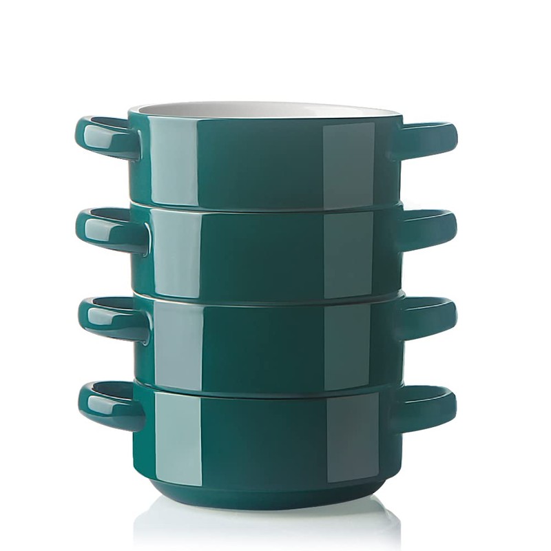 Sweejar Ceramic Soup Bowls with Double Handles, 20 Oz Stacked