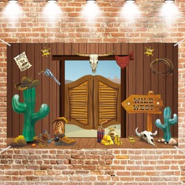Western Party Supplies, Large Fabric Saloon Western Scene Setters for Western Themed, Wooden House Barn Banner Cowboy Decoration Photo Booth Backdrop Background for Western Theme Birthday Party