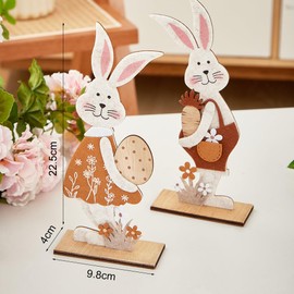 Bseical Pack of 2 Easter Decoration, Easter Decoration Rabbit for Standing, Easter Bunny Decoration Wood, Easter Bunny Decoration, Wooden Easter Decoration with Flowers and Wooden Base, for Easter