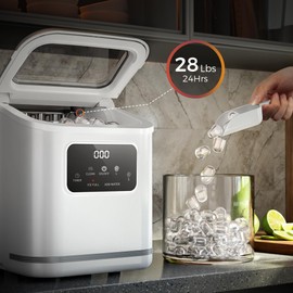 Kismile Countertop Ice Maker, 28lbs/24H, LED Control Panel, Self-Cleaning with Ice Basket and Scoop, Portable Ice Machine for Home Kitchen (White)