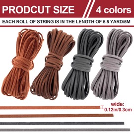 Pndeyo 4pcs Suede Leather Cord, 3mm x 5.5 Yard Faux Leather String Strips, Flat Leather Crafting Rope Thread for DIY Shoes Laces Bracelets Necklaces Earrings Beading Jewelry Hair Accessories