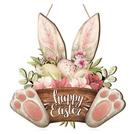 Happy Easter Door Sign Plaque Easter Egg Bunny Welcome Door Wreath Easter Hanging Wooden Door Decorations with Bow for Easter Shop Home Garden Spring Decor (Rabbit)