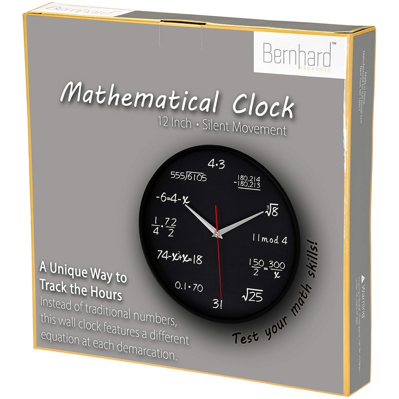 Bernhard Products Math Wall Clock Black 12 Inch Silent Non-Ticking