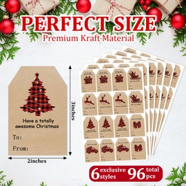 Christmas Gift Tags Stickers, 96Pcs Christmas Gift Labels Stickers, Self-Adhesive Christmas Name Tags for Xmas Gifts Wrap Presents Boxes Decoration, 2 x 3 Inch, Natural Kraft Paper Stickers